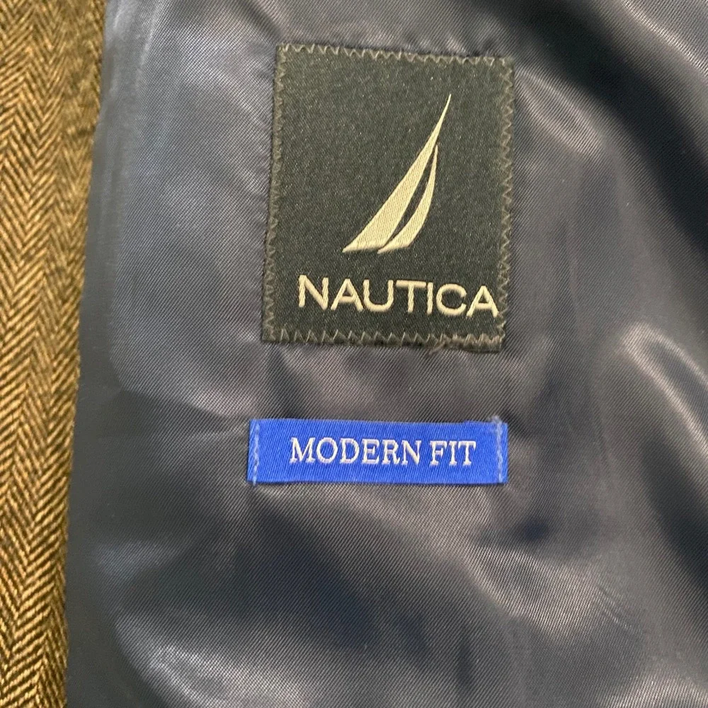 Nautica Mens Brown Herringbone Blazer Modern Fit Sport Coat 46R Branford NF2041
